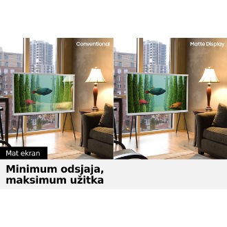 Serif televizor sa konvencionalnim ekranom prikazuje refleksiju svetlosti na svom ekranu, dok Serif televizor sa mat ekranom nema refleksiju. UL verifikovan ekran bez odsjaja: Na ekranu je prikazana i logo oznaka za Reflection Glare UGR<10, Discomfort Glare UGR<22, Disability Glare UGR<34.
