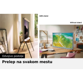 Najpre se vidi kako Serif televizor stoji na postolju uz reči „sa postoljem”. Zatim kako Serif televizor stoji na stolu uz reči „bez postolja”.