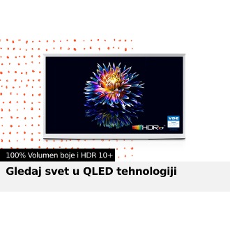 Cvet živopisnih boja se otvara na ekranu Serif televizora. U donjem delu ekrana se vide logo oznake za „HDR 10+” i „VDE”.