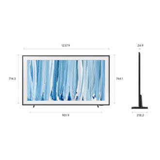 Dimenzije samo ekrana Samsung The Frame LS03HW (## x ## x ## mm). Visina sa postoljem Black Round Feet (## mm). Dimenzije postolja Black Round Feet (## x ## mm).