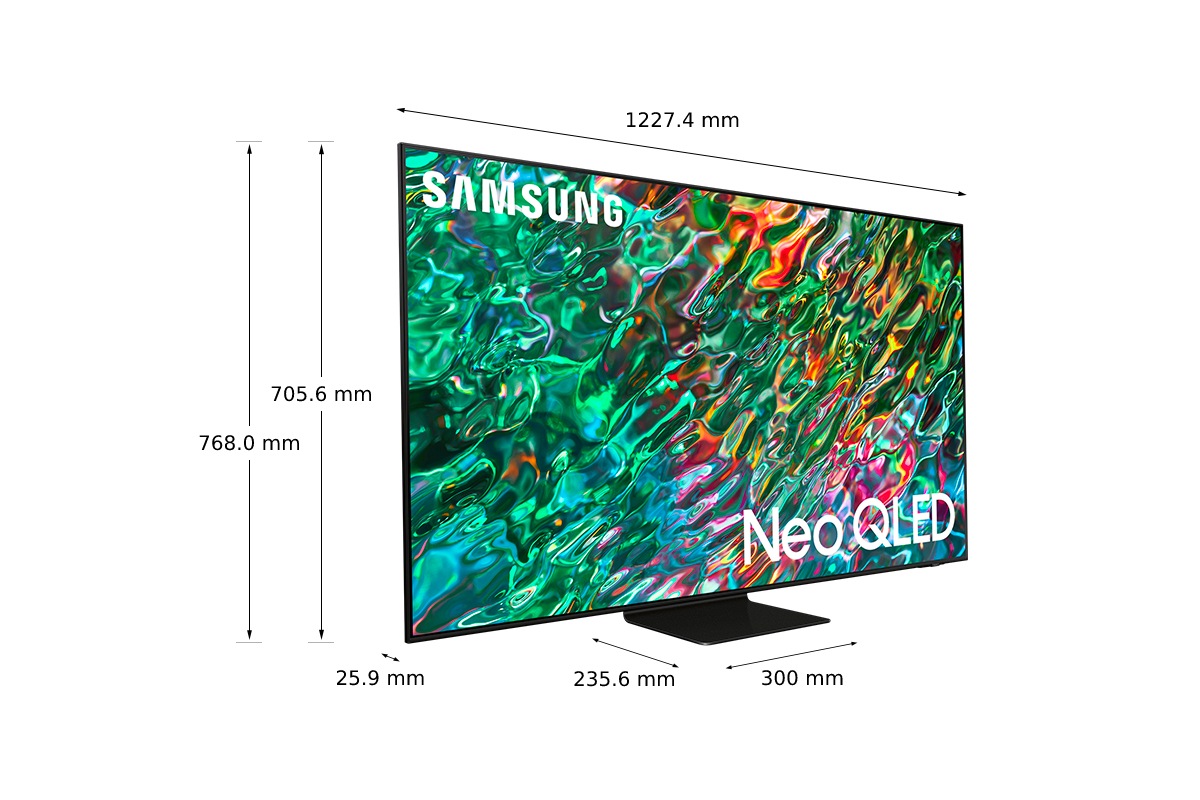 Dimenzija od 55 inča Samsung QLED TV-a QN90B sa crnim centralnim postoljem