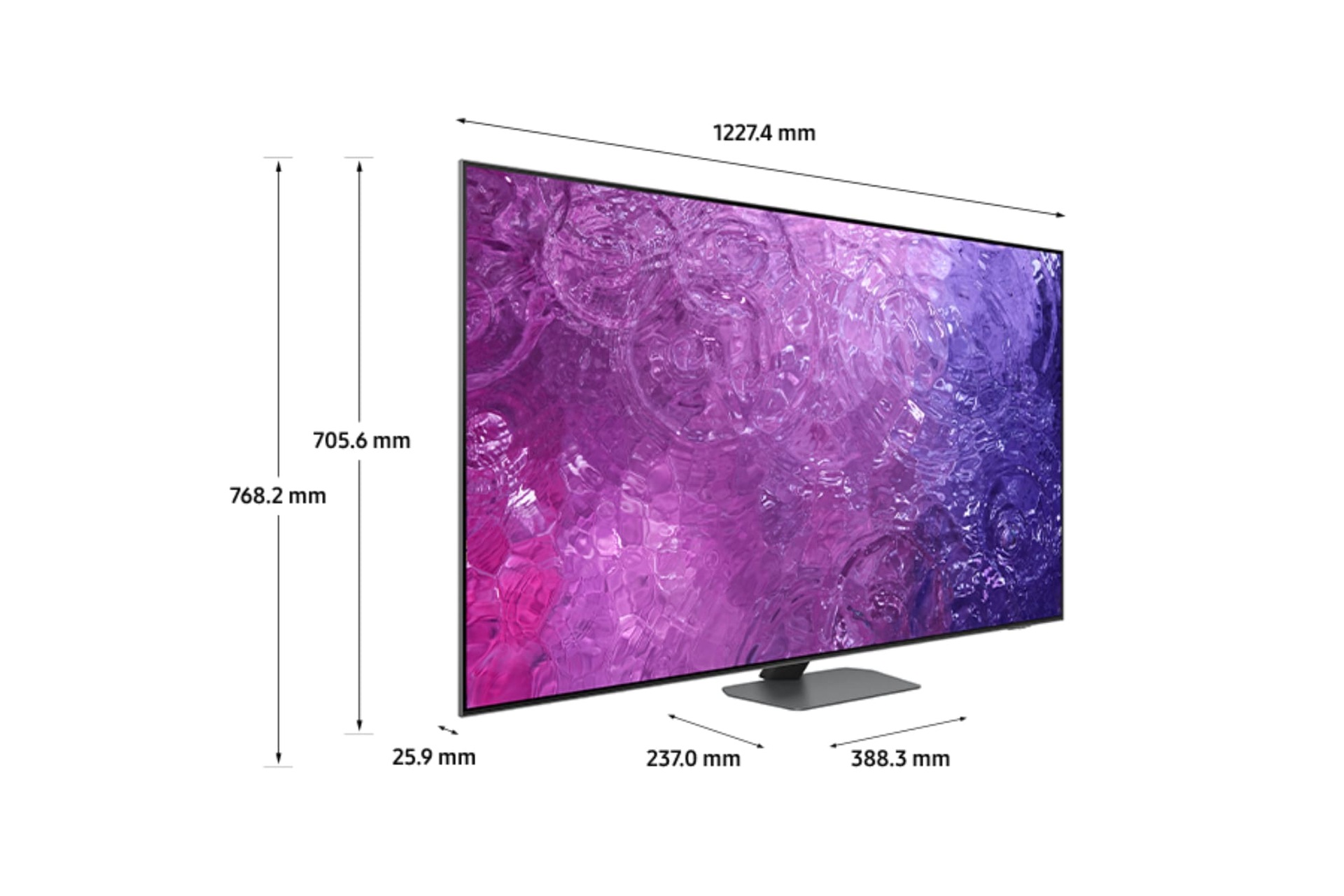 Dimenzije Samsung QLED TV-a QN90C sa crnim šesterokutnim postoljem sa oštrim vratom