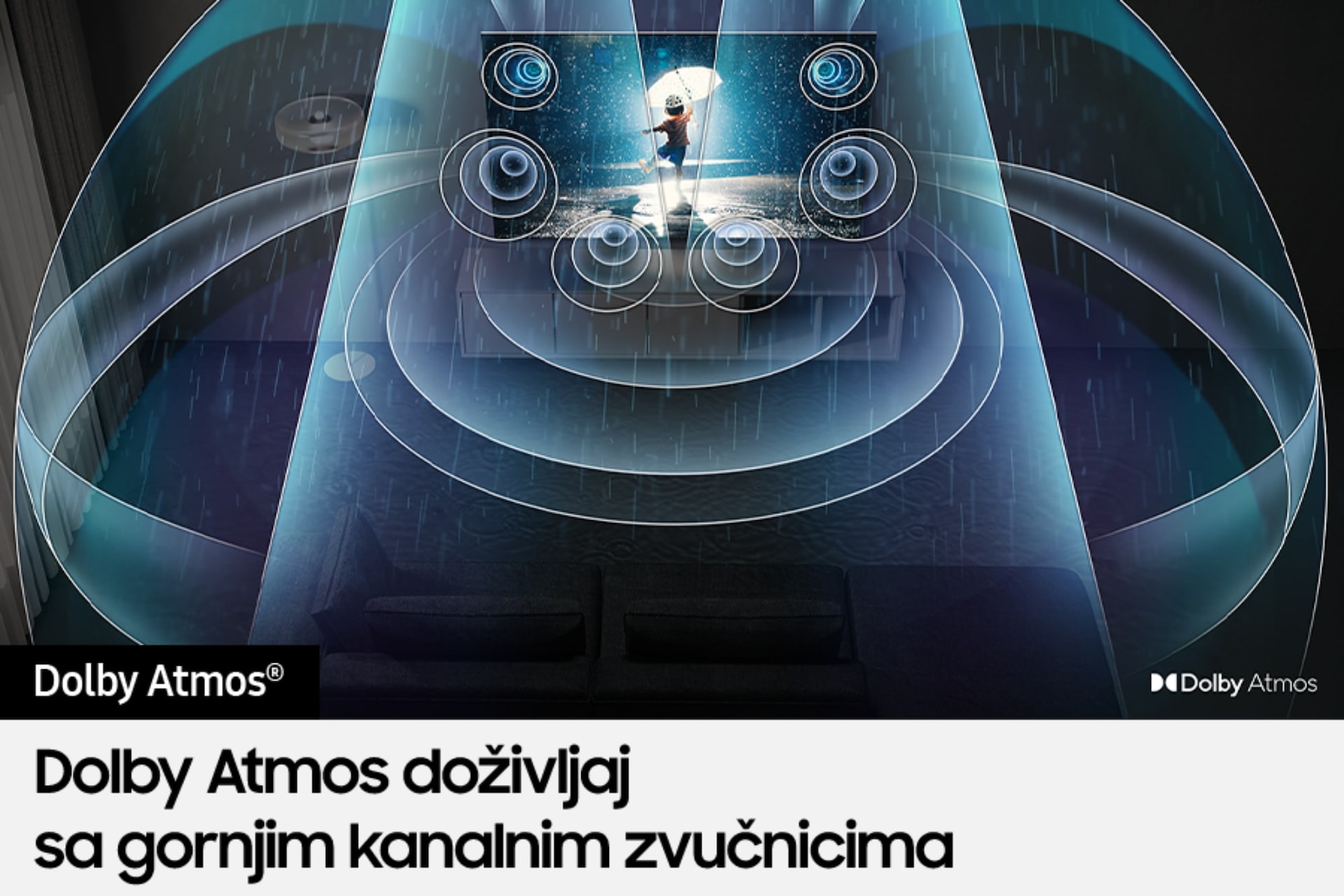 Zvučni talasi iz Dolby Atmos izlaze iz Neo QLED TV-a  QN90C ispunjavajući sobu