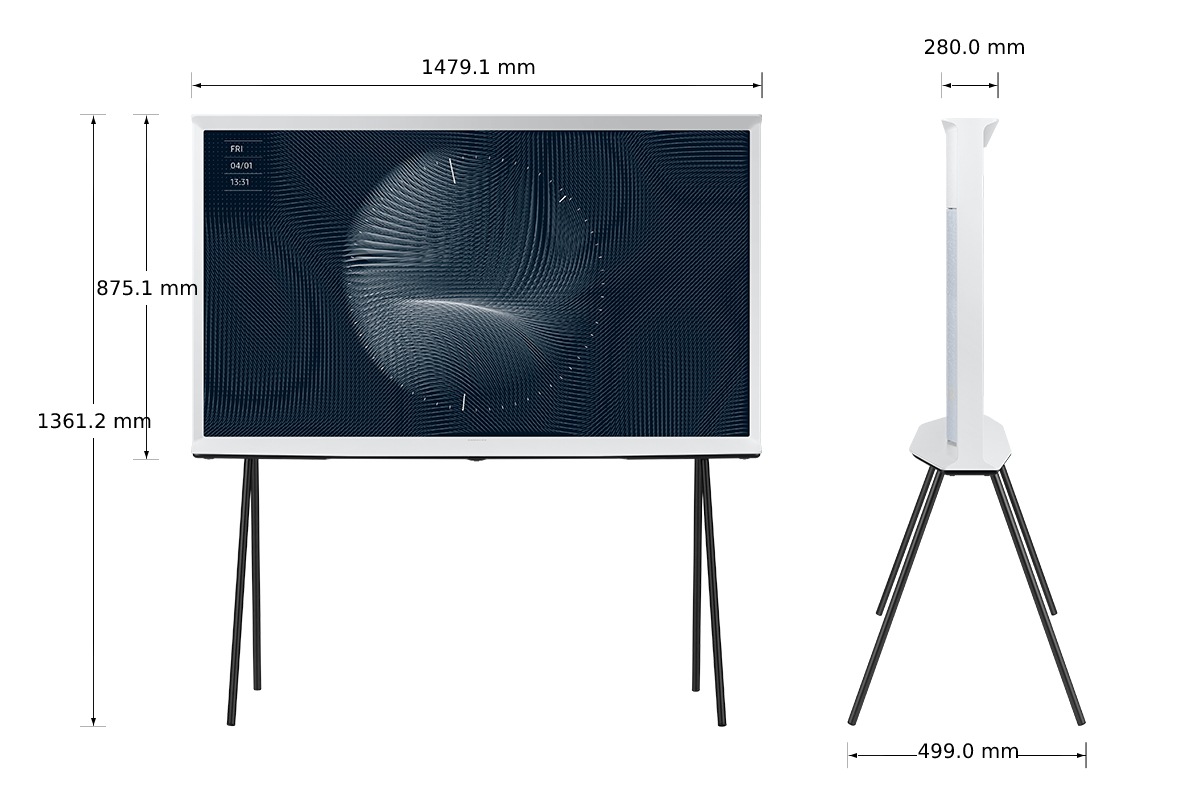 Dimenzija Samsung Serif televizora od 65 inča na podnom postolju u nebeskobelom ikonskom dizajnu