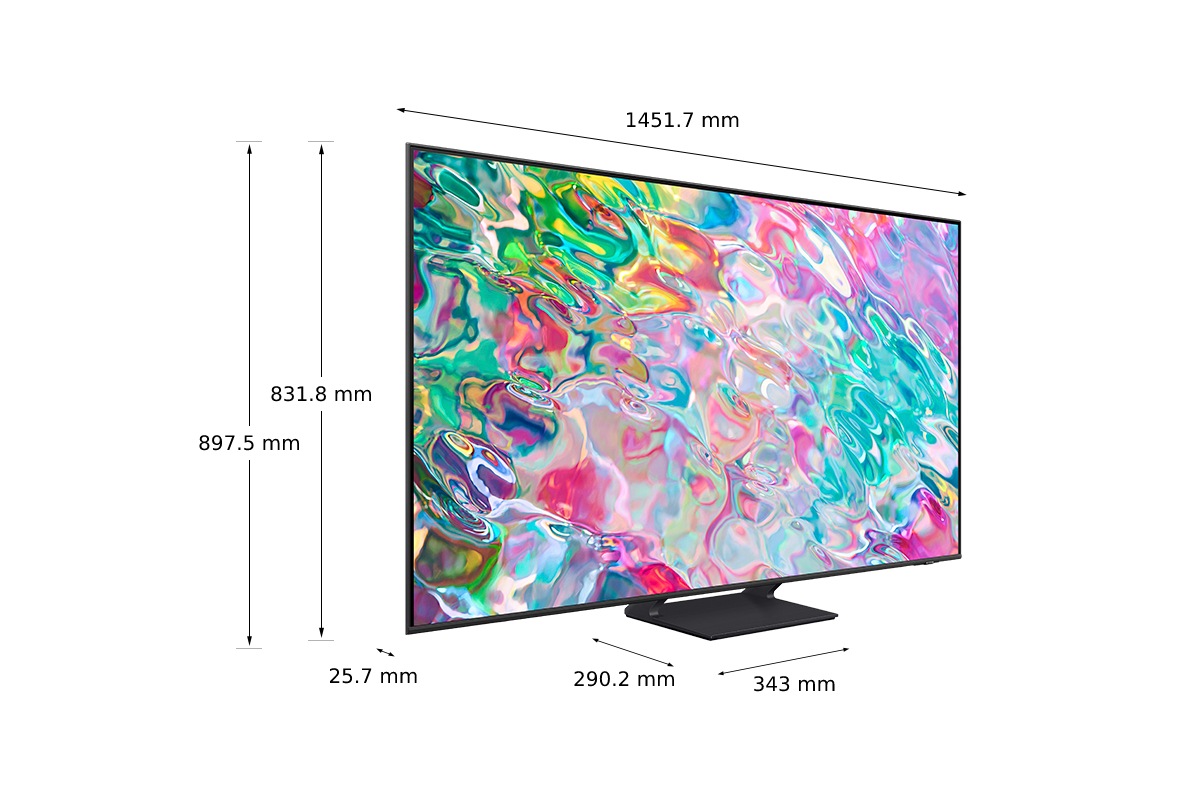 Dimenzija od 65 inča Samsung QLED TV-a Q70B sa srebrnim centralnim postoljem