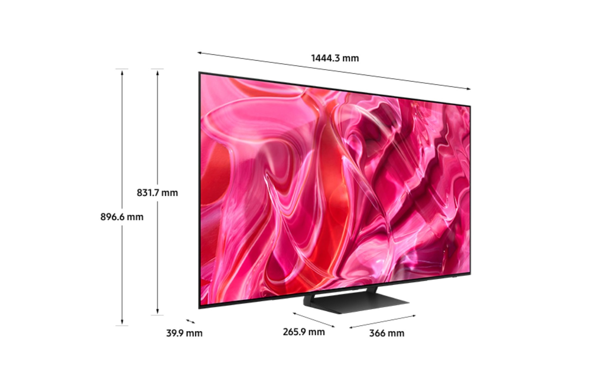 Dimenzije Samsung OLED (65 inča) S90C sa jednostavnim metalnim postoljem Plus.
