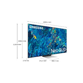 Dimenzija od 85 inča Samsung QLED TV-a QN95B sa srebrnim centralnim postoljem