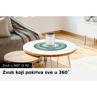 Freestyle projektor stoji uspravno na stolu sa zvučnim talasima. 