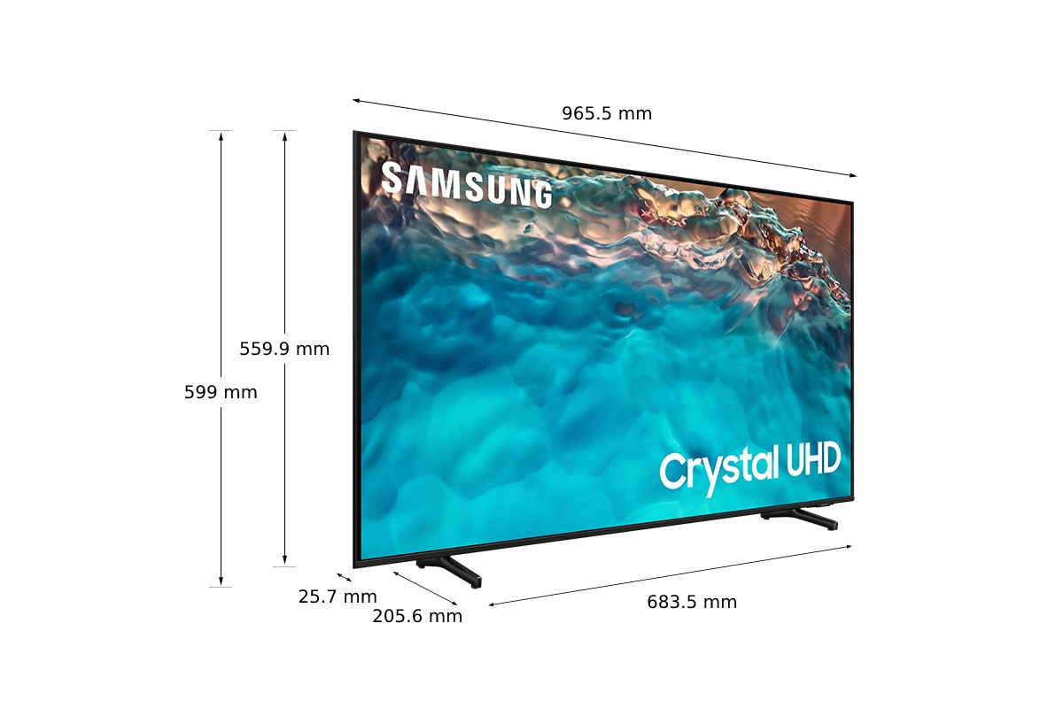 Dimenzija od 43 inča Samsung Crystal UHD TV-a BU8000 sa srebrnim nožicama postolja