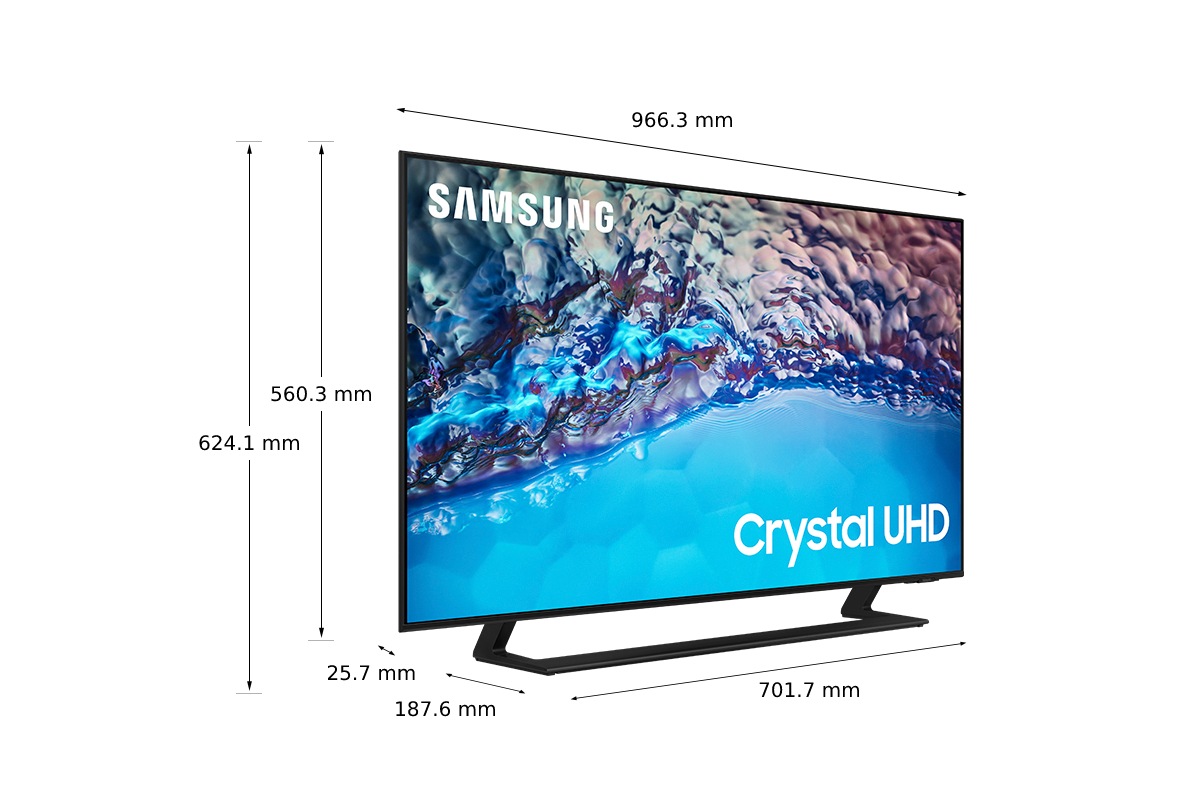 Dimenzija od 43 inča Samsung Crystal UHD TV-a BU8500 sa belim centralnim postoljem