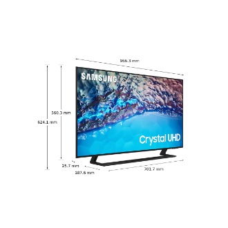 Dimenzija od 43 inča Samsung Crystal UHD TV-a BU8500 sa belim centralnim postoljem