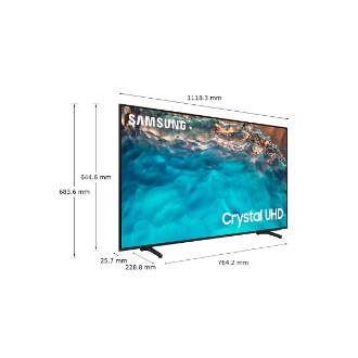 Dimenzija od 50 inča Samsung Crystal UHD TV-a BU8000 sa srebrnim nožicama postolja