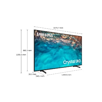 Dimenzija od 75 inča Samsung Crystal UHD TV-a BU8000 sa srebrnim nožicama postolja
