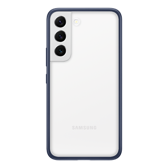Чехол-накладка с бампером Frame Cover S22 с тёмно-синей рамкой, вид сзади с прозрачной панелью