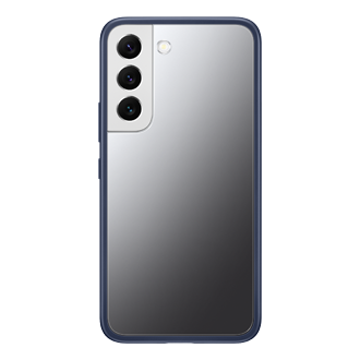 Чехол-накладка с бампером Frame Cover S22 с тёмно-синей рамкой, вид сзади с зеркальной панелью