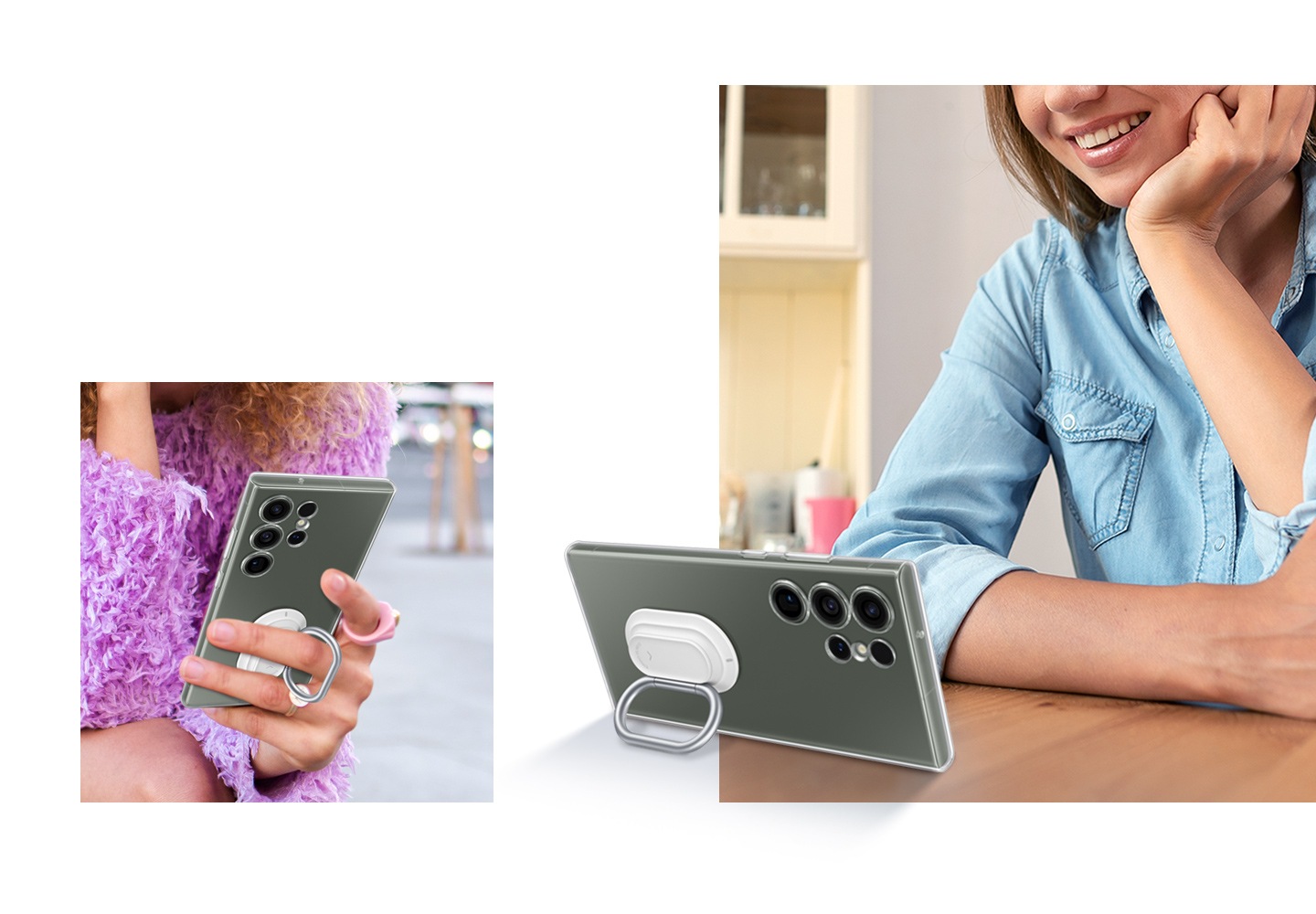 Женщина держит смартфон в чехле-накладке Clear Gadget Case вертикально с помощью кольца-держателя. Вид сзади на горизонтально расположенный корпус смартфона с кольцом-держателем, используемым в качестве подставки.
