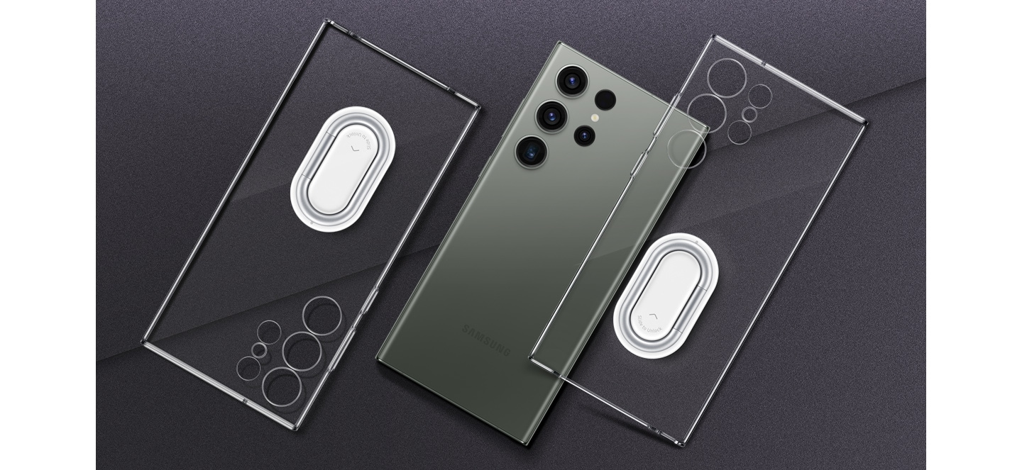 Вид смартфона Galaxy S23 сзади: два чехла-накладки Clear Gadget Case висят над устройством, демонстрируя свою прозрачность.