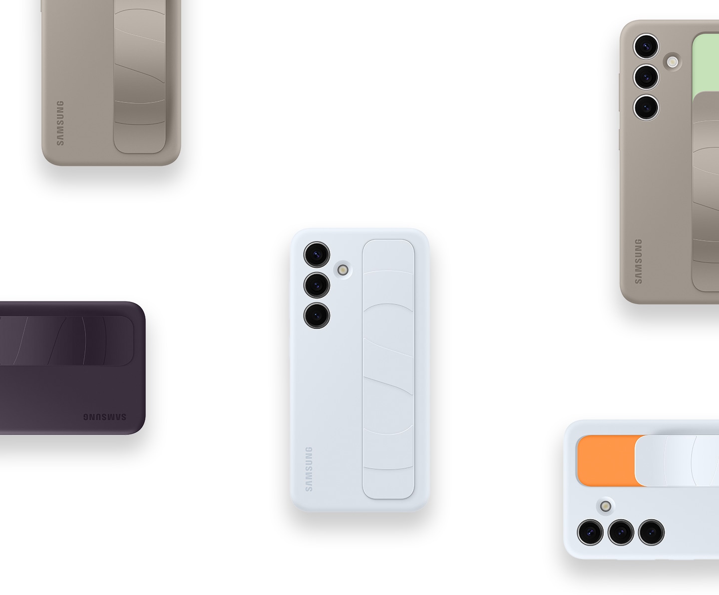 Чехлы Standing Grip Case для Galaxy S24 в светло-голубом, серо-коричневым и темно-фиолетовом исполнении расположены в упорядоченном порядке, демонстрируя универсальность продукта, показанного со всех сторон. Мы видим пять частей телефона, чтобы получить полную картину. 