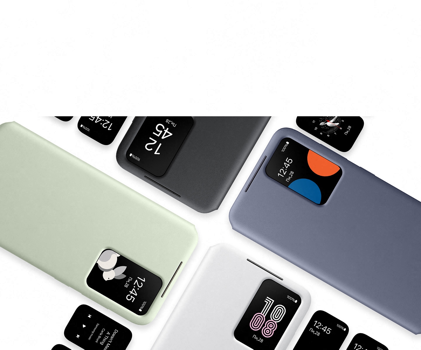 Чехлы Smart View Wallet чёрного, светло-зелёного, фиолетового и белого цветов располагаются параллельно друг другу. В окошке чехла отображаются время и дата на смартфоне Galaxy S24 без необходимости открывать крышку.