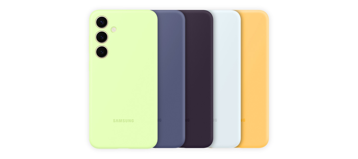 Пять силиконовых чехлов Silicone Case выложены один за другим в виде колоды карт, друг за другом следуют чехлы цвета лайм, в фиолетовом, тёмно-фиолетовом, белом и жёлтом цветах. 