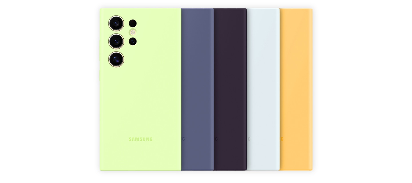 Пять силиконовых чехлов Silicone Case выложены один за другим в виде колоды карт, друг за другом следуют чехлы цвета лайм, в фиолетовом, тёмно-фиолетовом, белом и жёлтом цветах. 