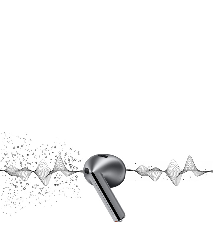 Серебристый наушник-вкладыш Galaxy Buds3 расположен в середине страницы, и крупные частицы движутся по спирали к вкладышу. Он по-прежнему отображается справа от наушника без частиц.