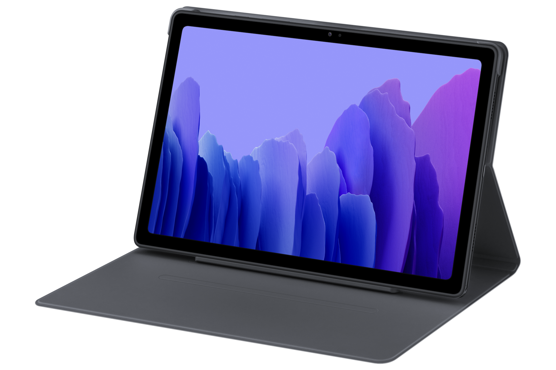 Серый чехол-книжка для Galaxy Tab A7, вид на планшете черного цвета на подставке