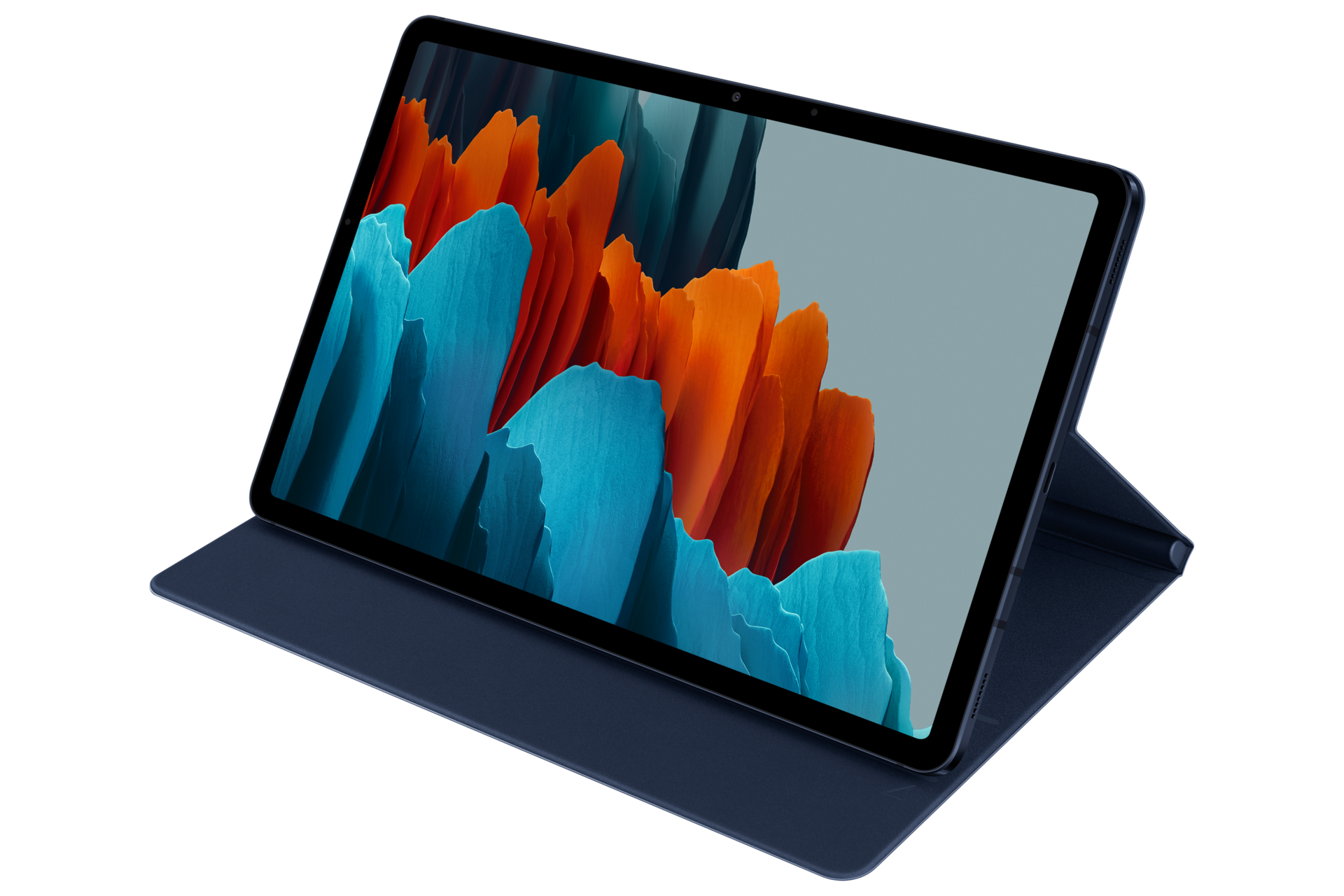 Синий чехол Book Cover для Galaxy Tab S7, вид на подставке в нижнем положении