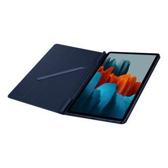 Синий чехол Book Cover для Galaxy Tab S7, в раскрытом виде со стилусом S Pen