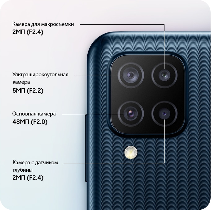 A close-up of Quad Camera with 48MP Main Camera, 2MP Macro Camera, 5MP Ultra Wide Camera and 2MP Depth Camera.