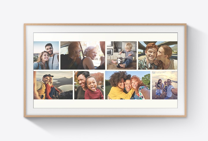 Various user photos of family and friends are displayed on The Frame. On top of the pictures is a black square graphic which shows the words 16 GB.