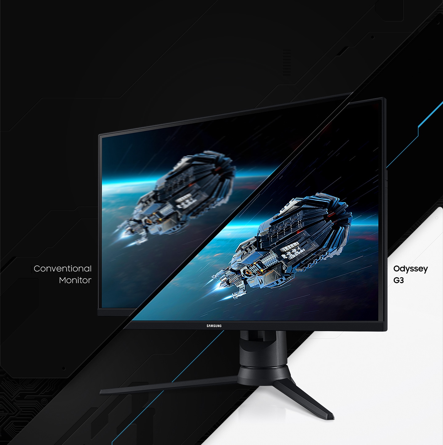 The response time of Odyssey G3 and the conventional monitor are compared by showing the blurry picture on the conventional