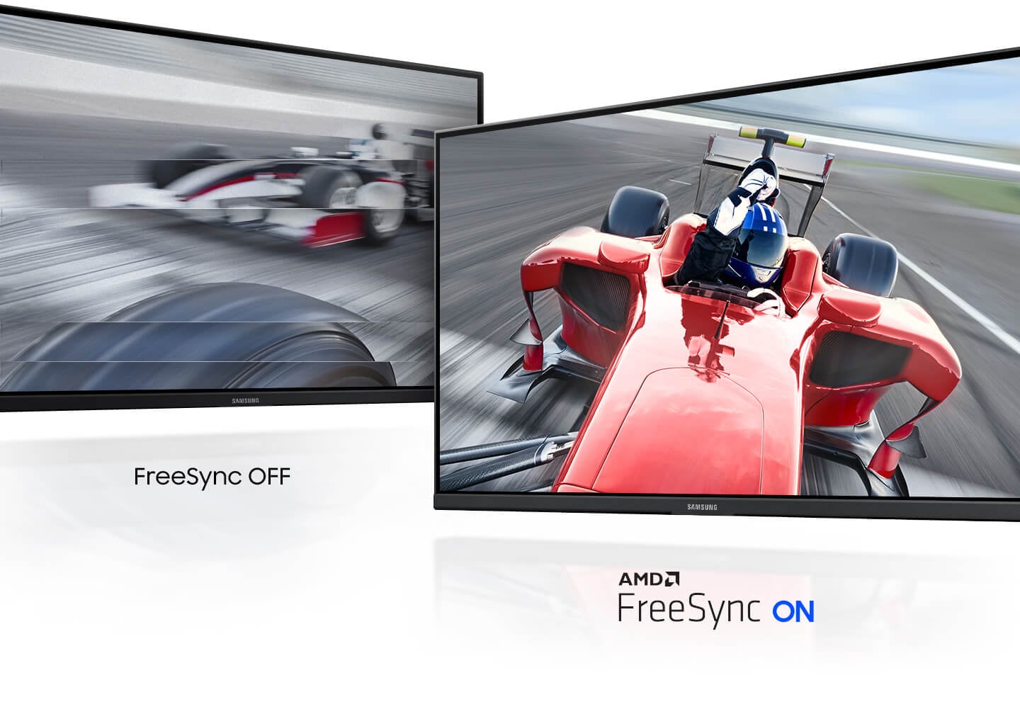 One monitor screen with Freesync has no tear or stutter even in fast action scenes, while the other without Freesync has.