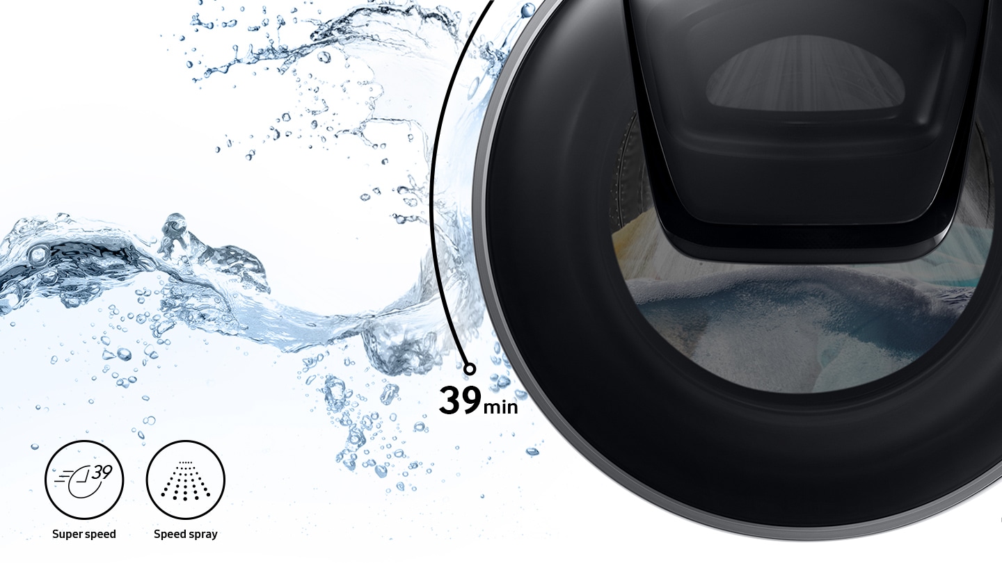 Strong water streams are visible inside the washer door while Super Speed and Speed Spray features are shown in icons.