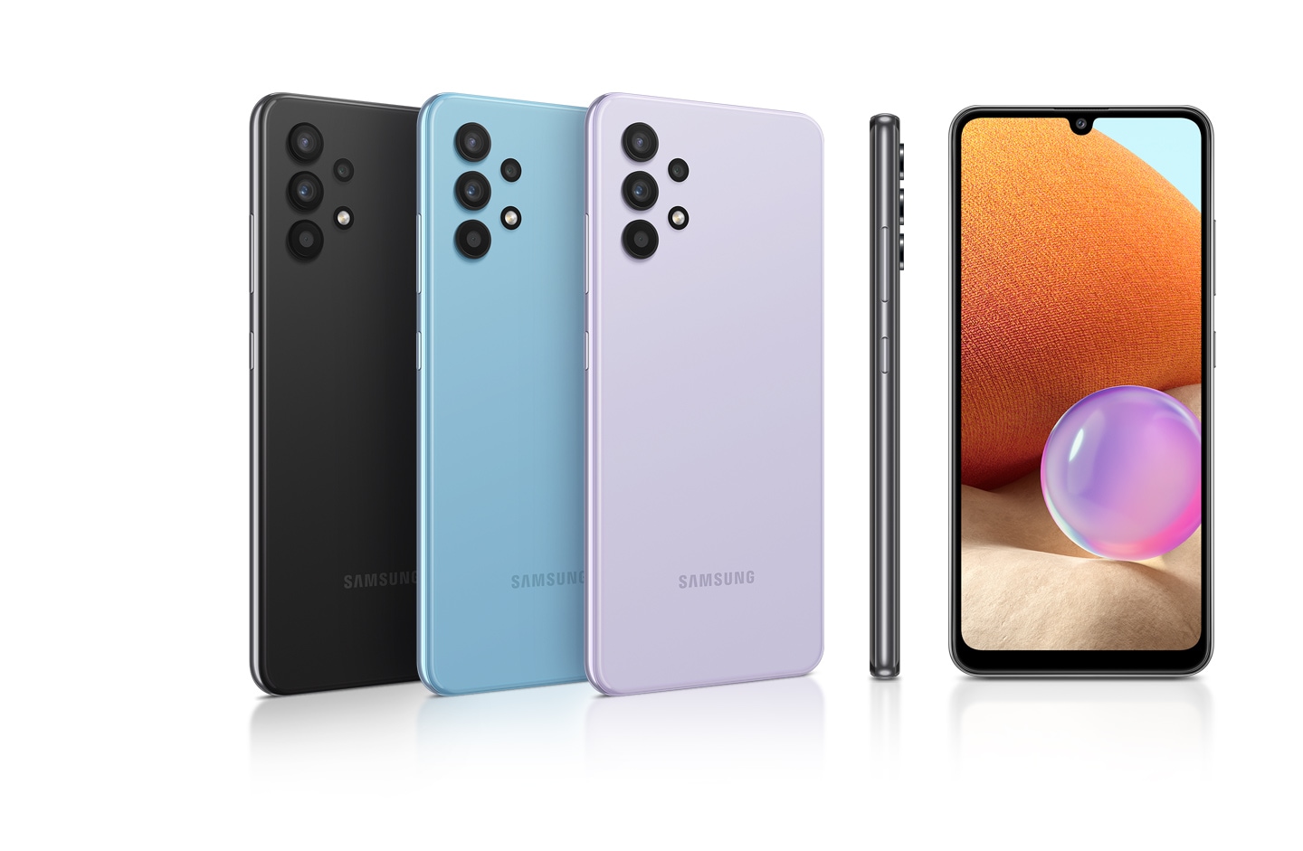 Six phones in Awesome Black, Awesome White, Awesome Blue and Awesome Violet, seen from different angles to show the design.