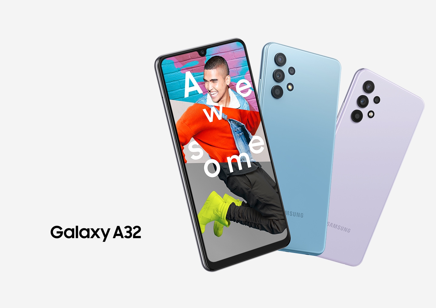 Galaxy A32 Key visual comes out in three devices with its official logo on the side. On the screen, an excited young man hop on where he is standing, surrounding the text of `Awesome` on him.