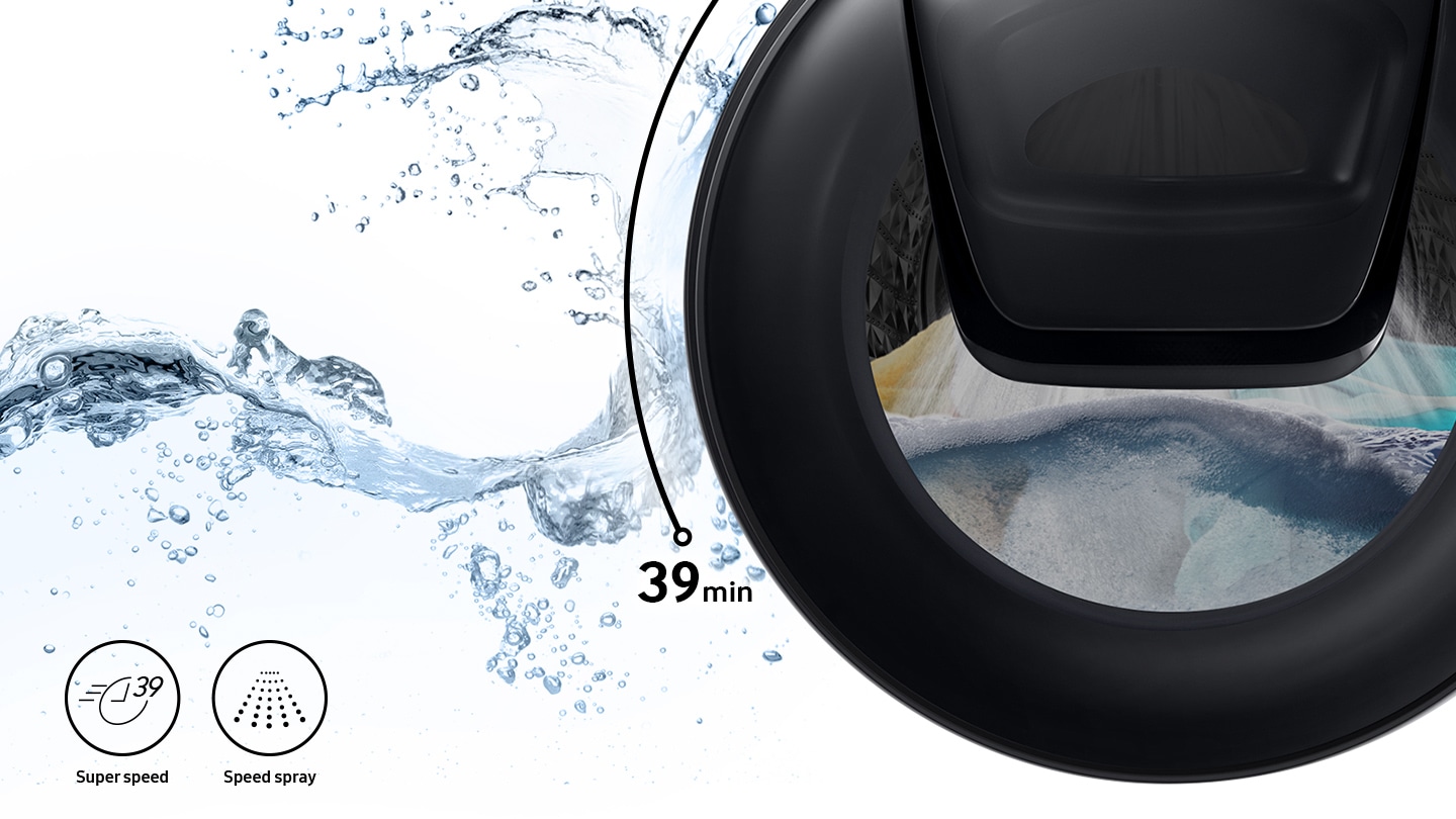 Strong water streams are visible inside the washer door while Super Speed and Speed Spray features are shown in icons.