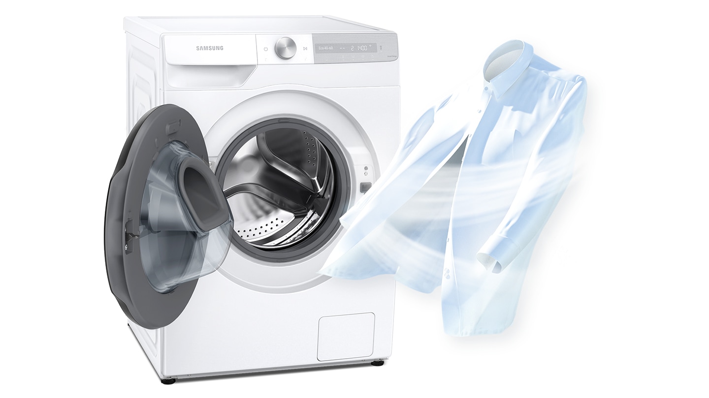 To show cleanliness, a strong air current is being blown to a white shirt where it stands next to an open dryer door.