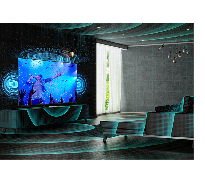 A QLED TV analyzes the entire space of the room and sends the optimized sound for the space.