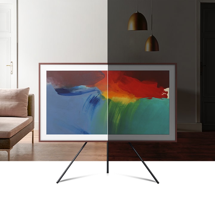 The effect of The Frame's brightness sensor is shown. On the left side, brightness levels of the on-screen artwork matches the brightness level of living room. On the right side, the brightness levels of the image is lowered to match the low-light setting of living room.