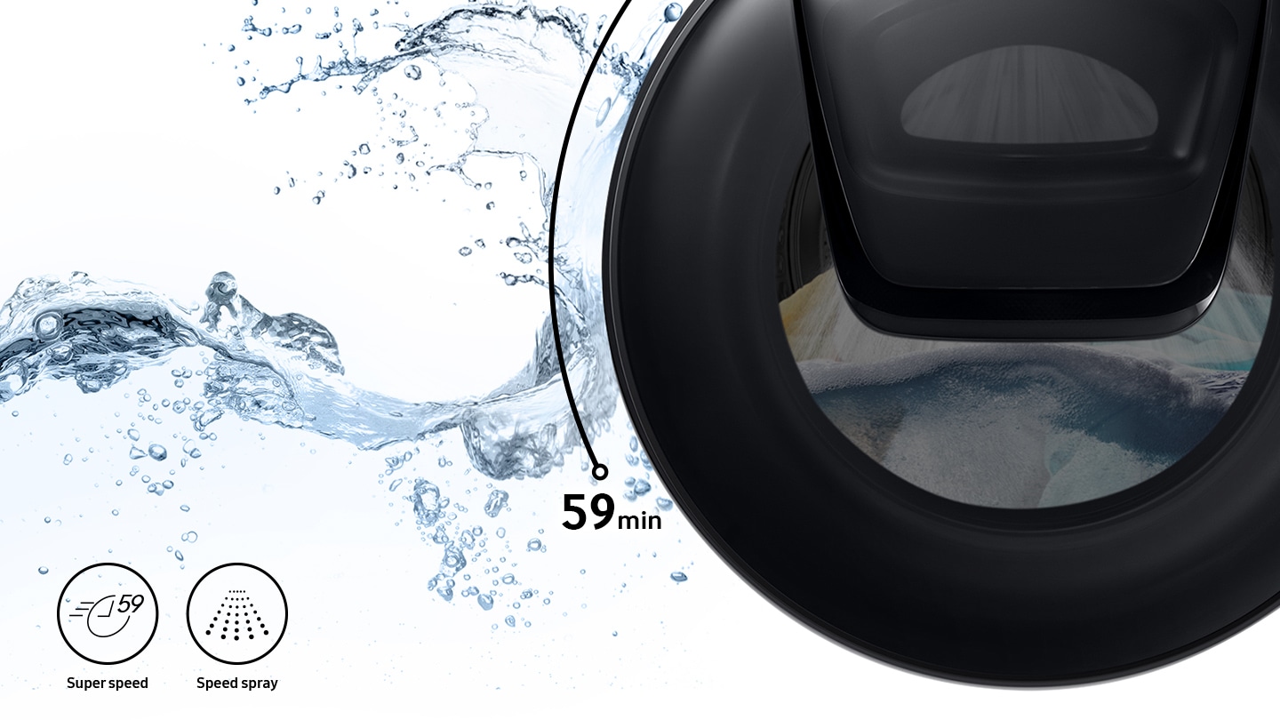 Strong water streams are visible inside the washer door while Super Speed and Speed Spray features are shown in icons.