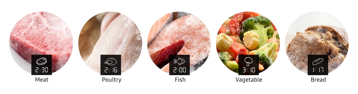 Shows the defrosting time for 5 common foods: meat = 2:30, poultry = 2:16, fish = 2:00, vegetables = 3:10 and bread = 1:17.