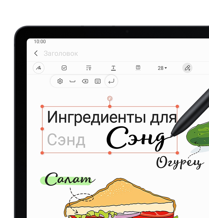 Close up of Galaxy Tab S7 FE screen with Samsung Notes onscreen. It says Ingredients for and S Pen is writing the word sandwiches and it's being converted into text.