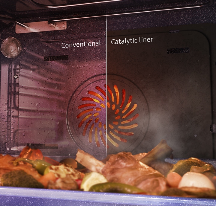 Compares the cleanliness of an oven with a conventional interior and one with a Catalytic Liner.