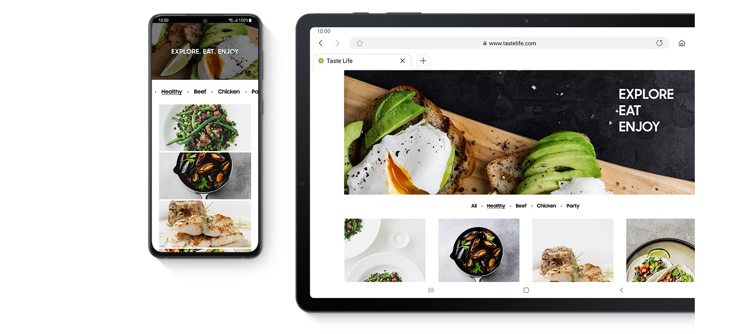 1. Galaxy smartphone and Galaxy Tab S7 FE, both seen from the front. Both have the same website onscreen, showing a blog with recipes.2. Galaxy smartphone and Galaxy Tab S7 FE, both seen from the front. Both have Samsung Notes onscreen, showing the recipe for a Sub sandwich.3. Galaxy smartphone, Galaxy Buds Pro and Galaxy Tab S7 FE. Galaxy Buds Pro is seen from the top, open with the earbuds inside. The phone shows the Music app onscreen and a notification that Ben's Galaxy Buds Pro switched to the tablet. The tablet shows a video call between a man and a woman and a notification that Galaxy Buds Pro connected automatically.