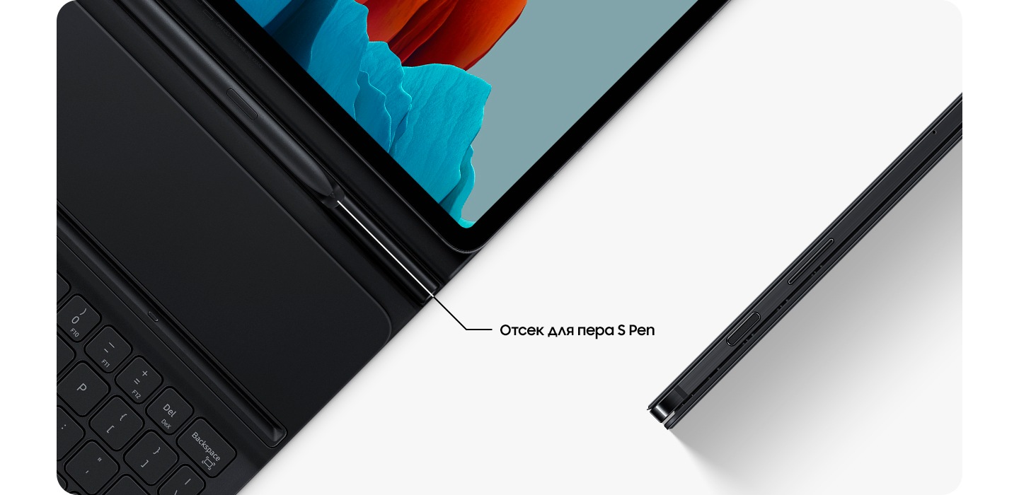 Close up of Galaxy Tab S7 in the Book Cover Keyboard Slim. There is a graphic wallpaper onscreen, and the S Pen is seen inside the S Pen holder. Text says S Pen fits here. Another Galaxy Tab S7 is seen inside the closed cover, standing on its side to show the slim design.