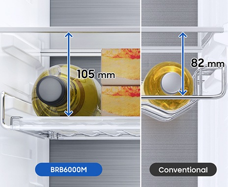 The Rack&shelf of BRB6000M on the left is 105 mm high, higher than the conventional model's 82mm high shelf on the right side.