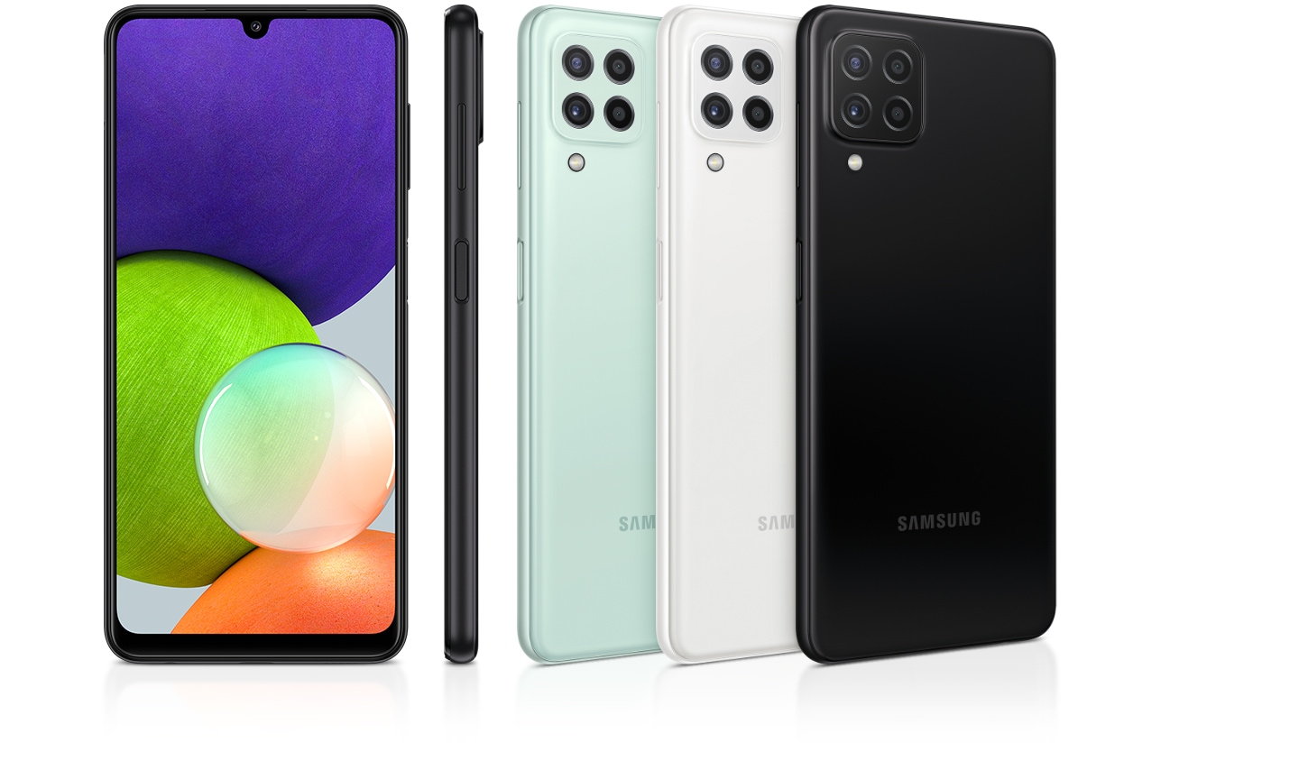 There is a glossy back view of 4 smartphones in black, white, mint, and violet, along with a profile and front view highlighting the premium gloss finish.