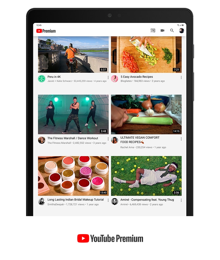 YouTube is displayed on Galaxy Tab A7 Lite showing an assortment of YouTube Premium videos. YouTube Premium logo is displayed.