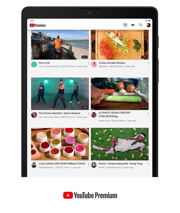 YouTube is displayed on Galaxy Tab A7 Lite showing an assortment of YouTube Premium videos. YouTube Premium logo is displayed.